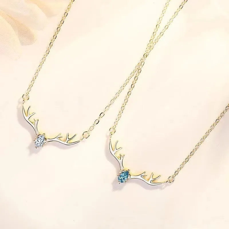 Women's Korean simple deer pendant necklace copper electroplated O-link chain adjustable 41-50cm blue stone finish