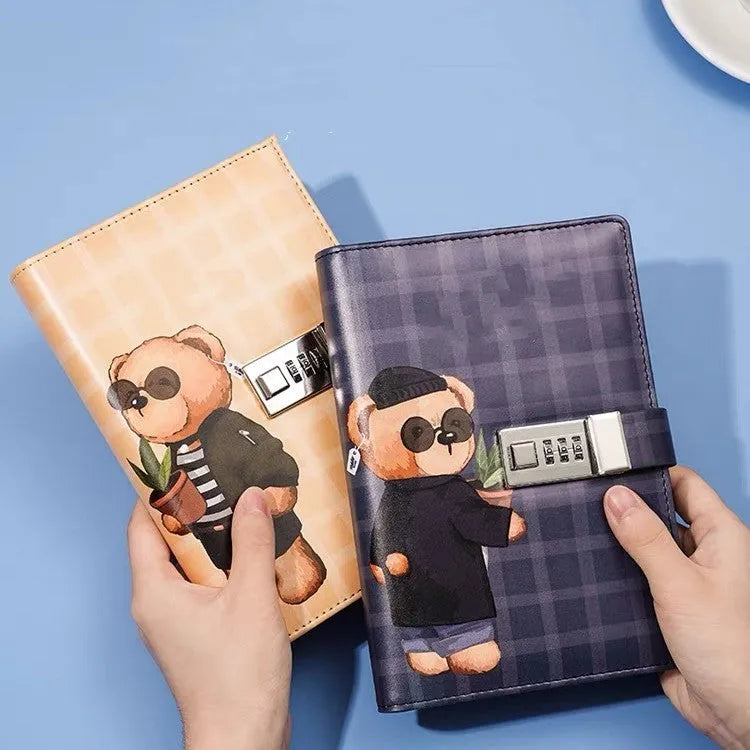 B6 Tide Card password book with lock, PU hard cover, animal retro print, 20x14cm, blue or yellow check base.