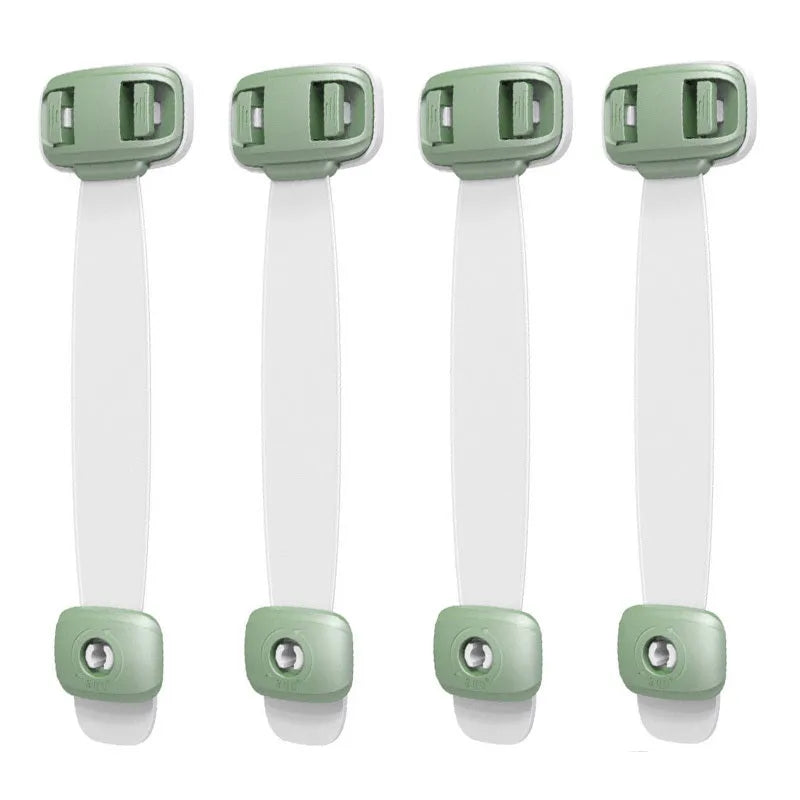 Grey and green adjustable strap child safety lock for cabinets and drawers with adhesive backing
