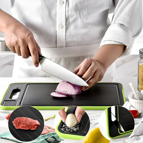 Grey square aluminium kitchen chopping board with double cutting sides, defrosting function and built-in knife sharpener