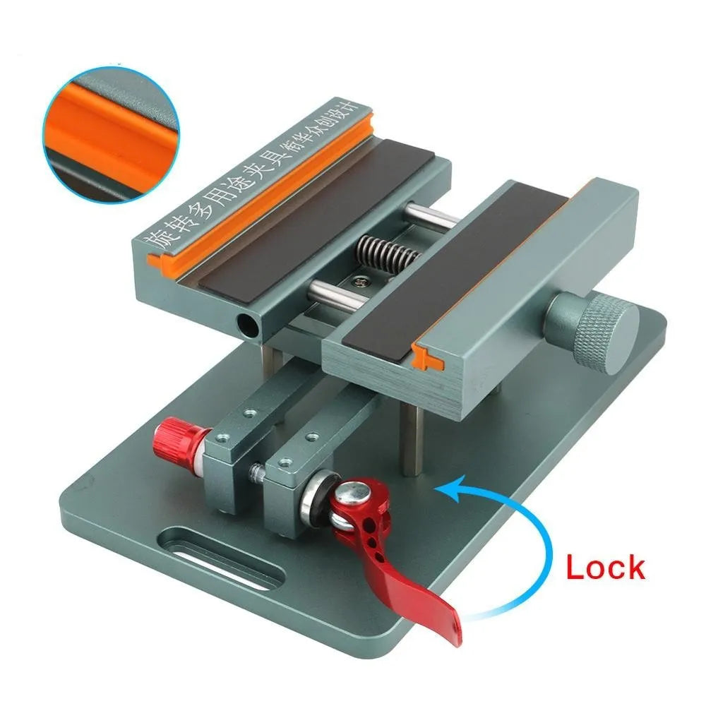 Adjustable metal phone repair fixture with silicone grips and a included prying crowbar tool.