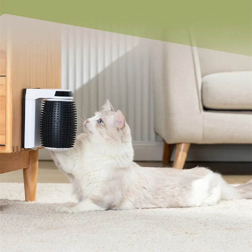 White automatic cat self groomer wall corner brush with silicone bristles and USB cable
