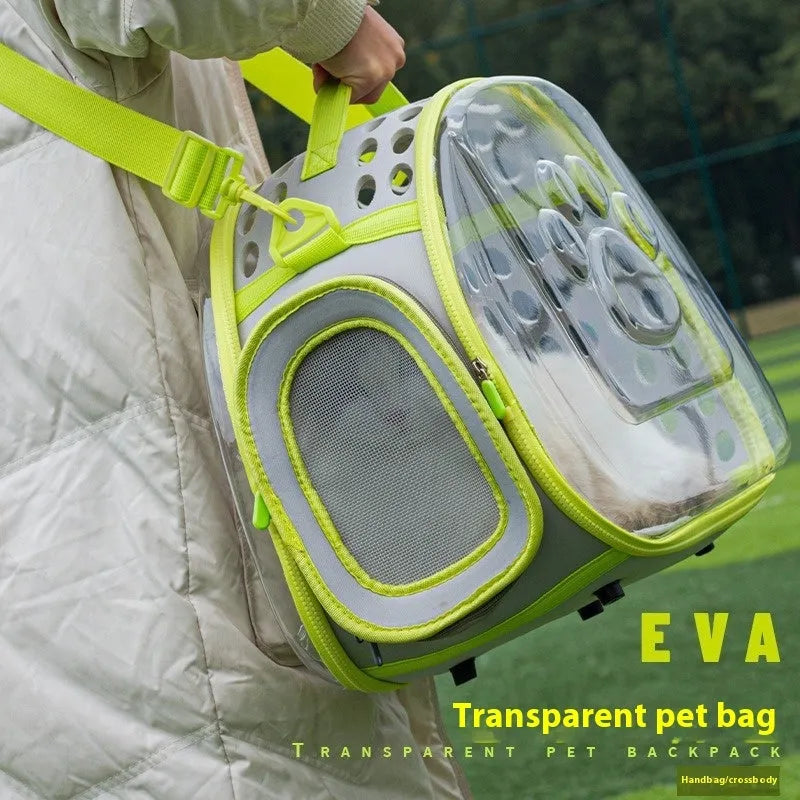 Transparent hard EVA cat carrier backpack in lake blue colour showing interior dimensions