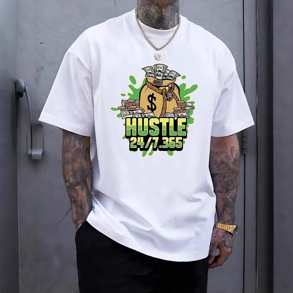 Printed men's summer casual short sleeve breathable polyester T-shirt in black, loose fit pullover with letter pattern