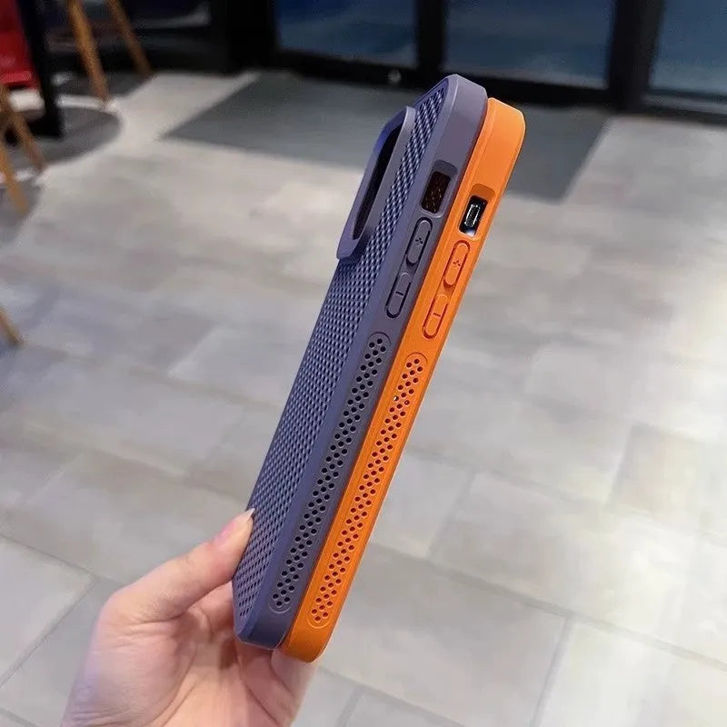 Honeycomb mesh magnetic phone case for iPhone in black, showing heat dissipation design and hard PC shell.