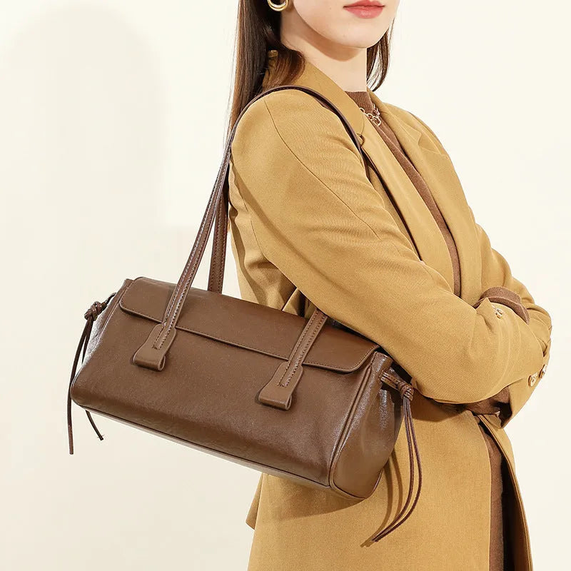 Women's vegetable tanned cowhide top grain leather armpit handbag in brown with double straps