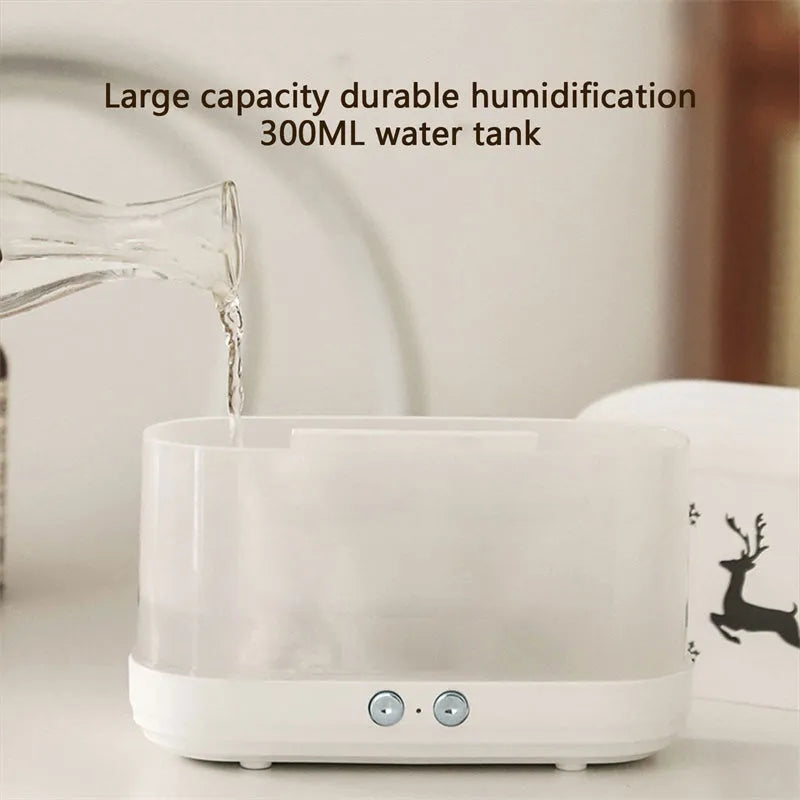 White round elk flame humidifier diffuser with USB cable, showing flame effect from mist and light on a desk