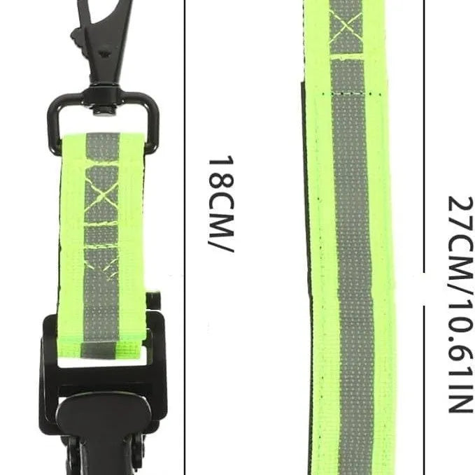 Fluorescent green metal safety clip with reflective nylon lining for securing fireman and work gloves.