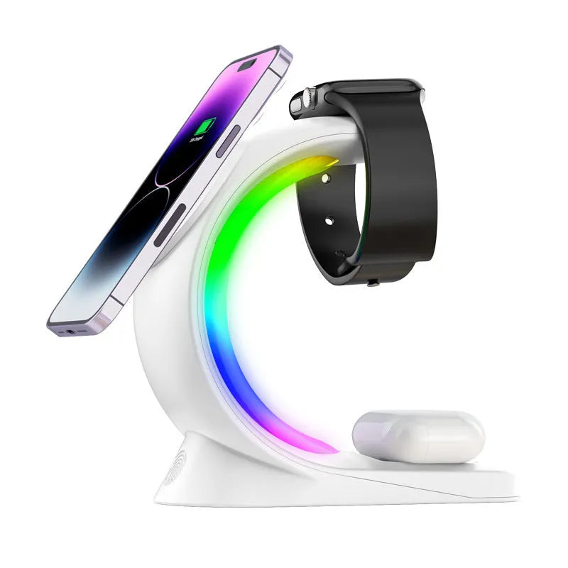4 in 1 magnetic wireless charger fast charging station with RGB atmosphere light for iPhone AirPods Watch in black and white