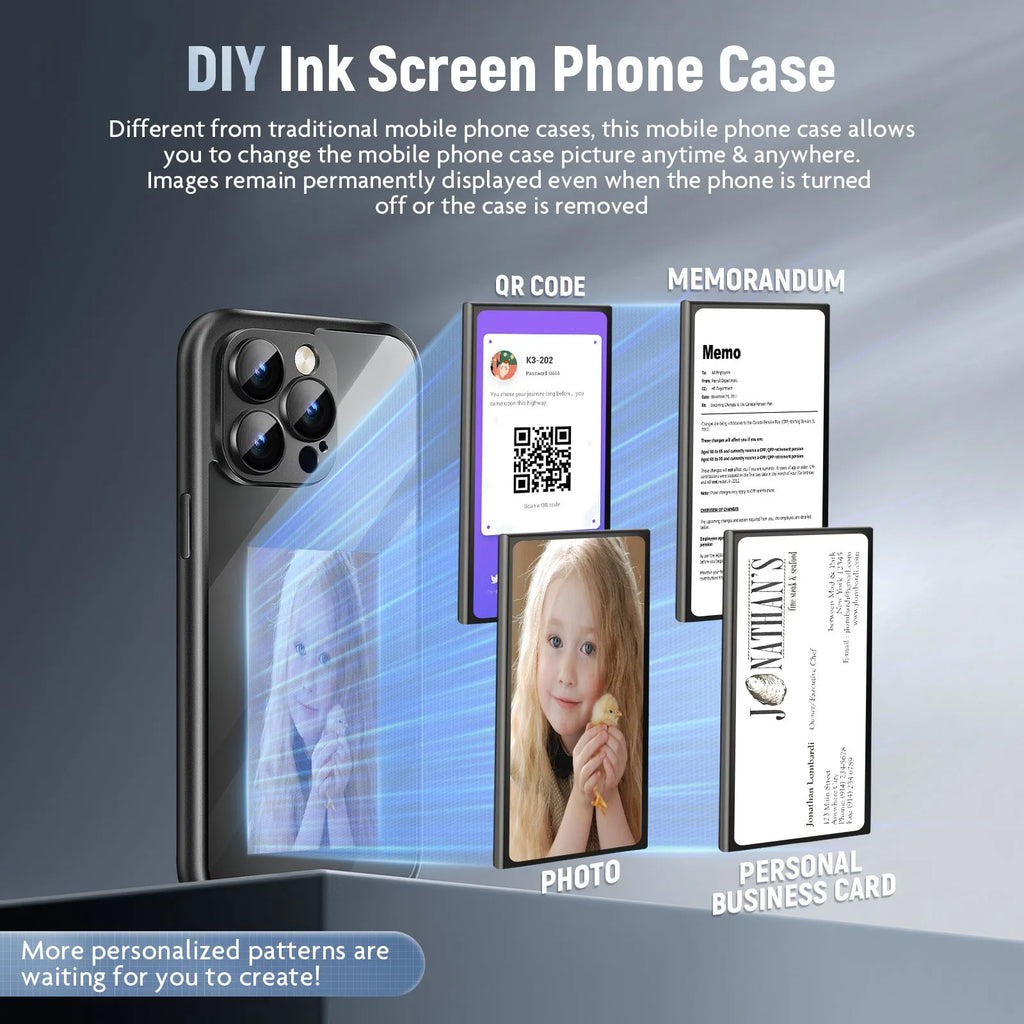 Black iPhone 15 Pro Max flip case with NFC ink screen for custom designs