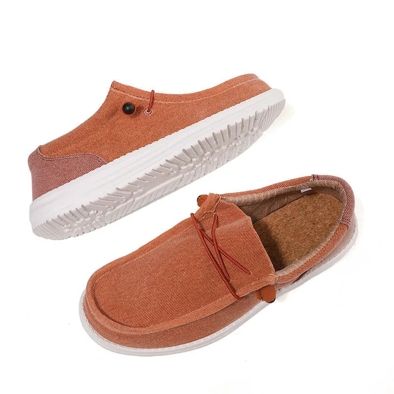 Men's casual canvas shoes in green or orange with mosaic splicing design and rubber soles