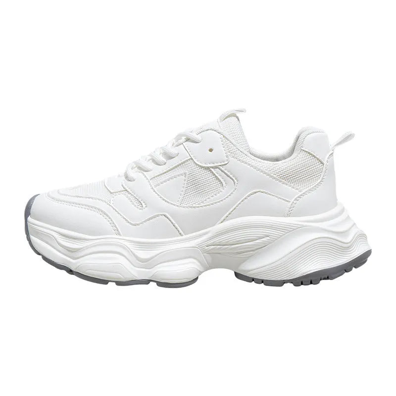 Women's breathable mesh white sneakers with flat heel, round toe, and lace-up closure