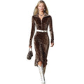 Leopard print long sleeve bodycon dress in polyester, available in XS to XXL, sweet and spicy party style