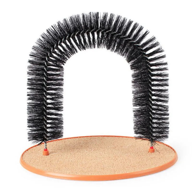 Plastic cat grooming arch scratcher with integrated brush bristles for scratching and coat care.