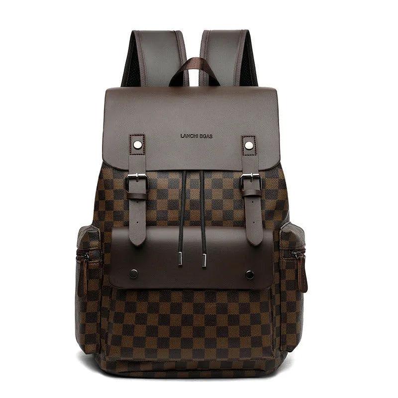 Men's plaid backpack in black round plaid with PU outer, polyester lining and curved shoulder strap