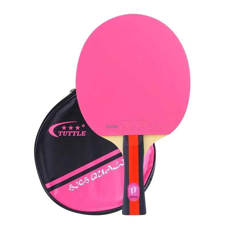 Colourful pure wood table tennis racket with high elasticity rubber and matching carry bag in choice of pink, blue or green shakehand grip.