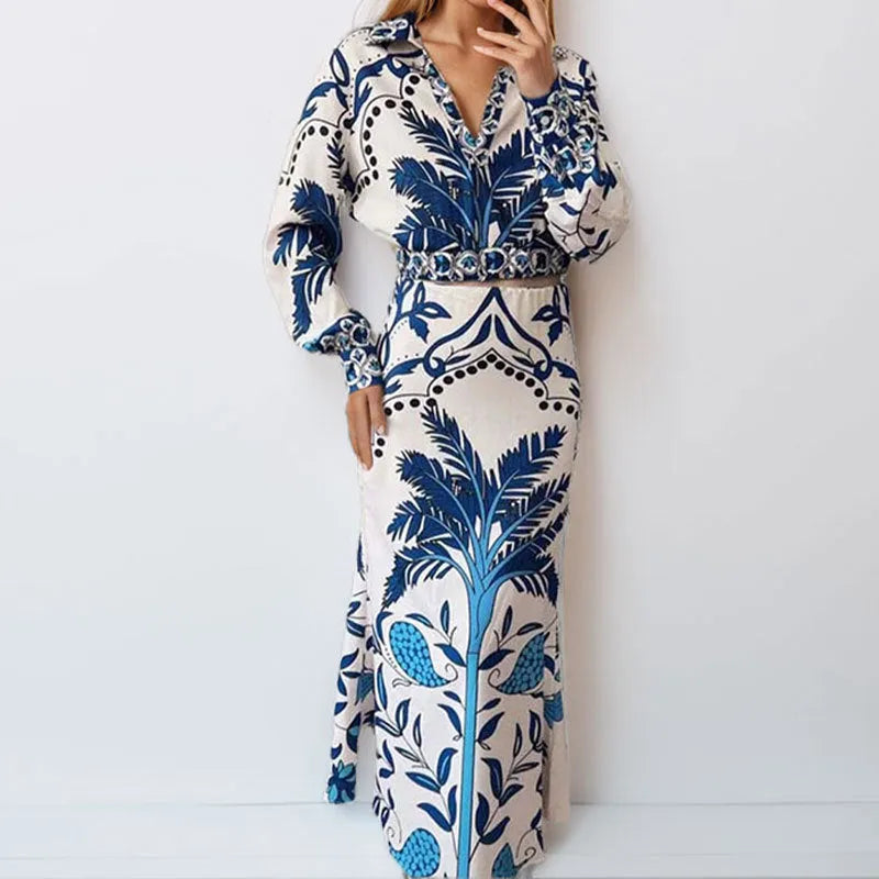 Women's early spring casual fashion set with long sleeve top and long skirt in picture colour.