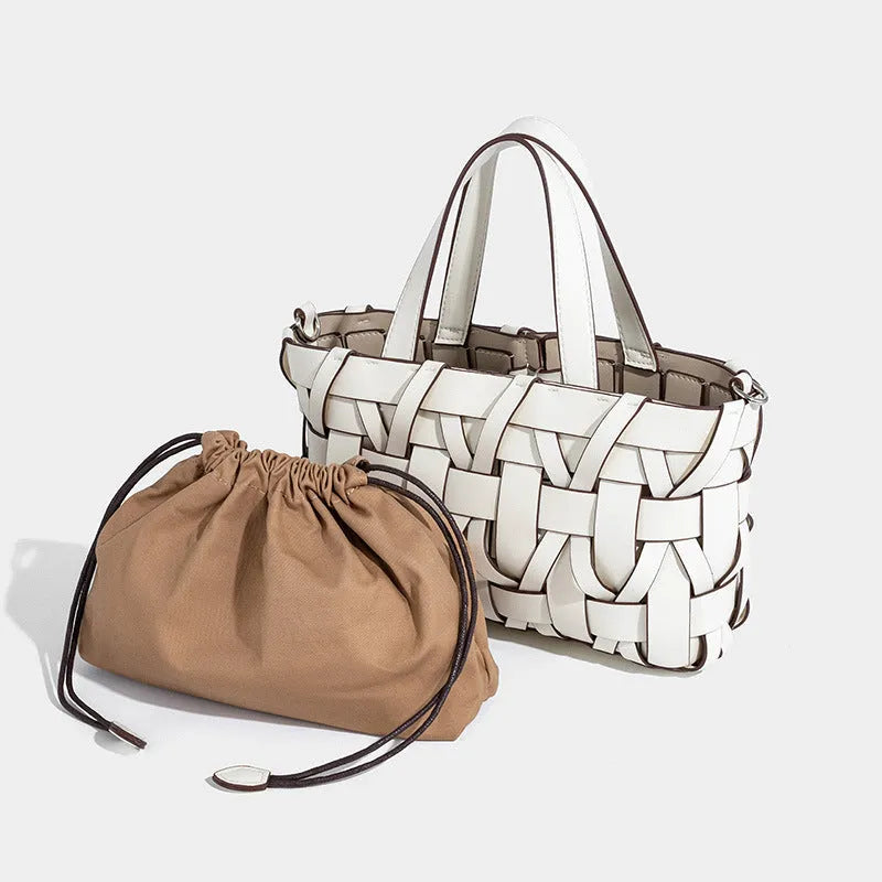 Women's hand-woven PU bucket handbag with open pocket, available in white, pink, brown, apricot, and black
