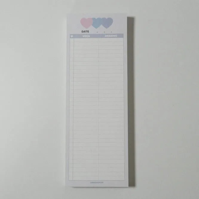 Vertical half-B5 notepad with blue cover, showing 30 pages for English word lists.