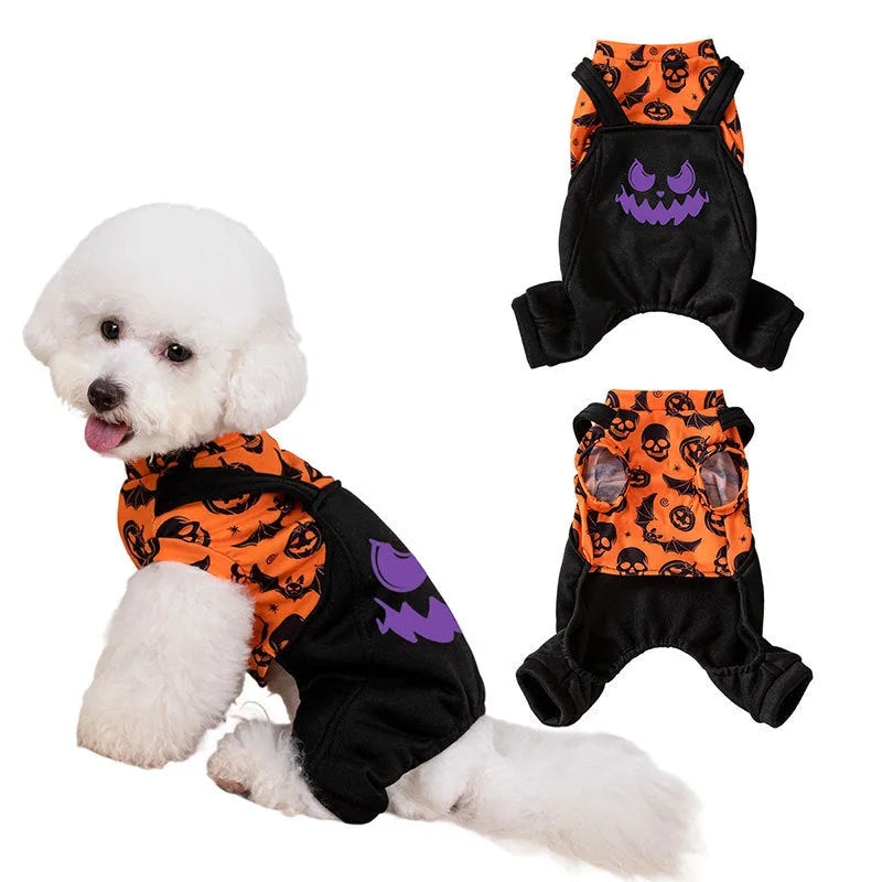 Halloween pet dog costume in polyester with creative print, available in two colours and sizes XS to XL.