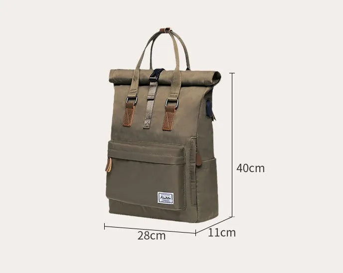 Casual polyester daypack in black showing cover opening and internal laptop pocket.