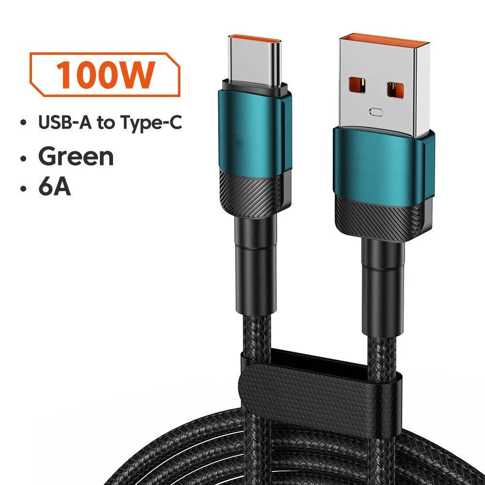 Black woven USB cable with aluminium alloy connectors shown at 100W fast charge length options