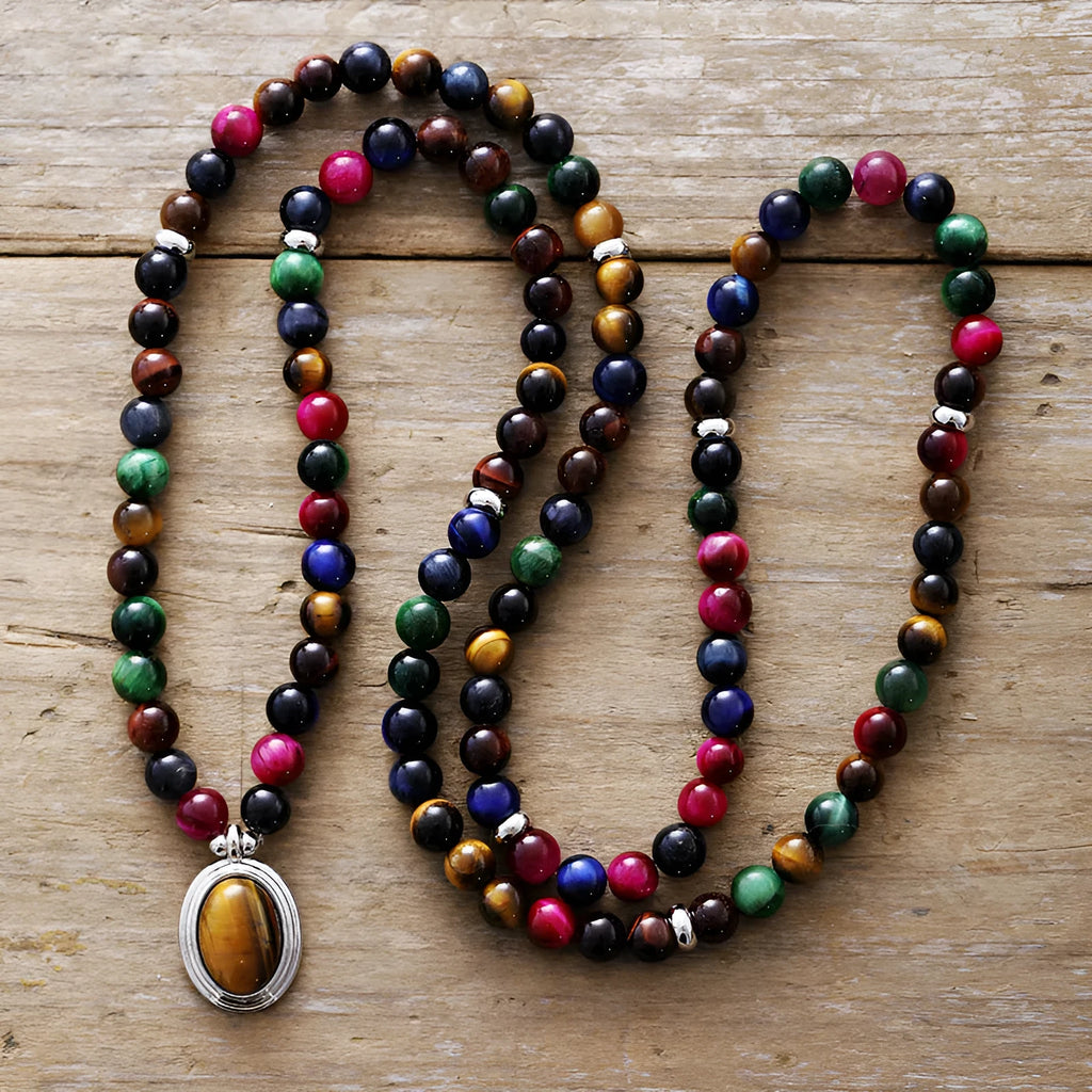 Natural stone meditation necklace with tiger eye pendants and symbolic charms on adjustable ball bead chain