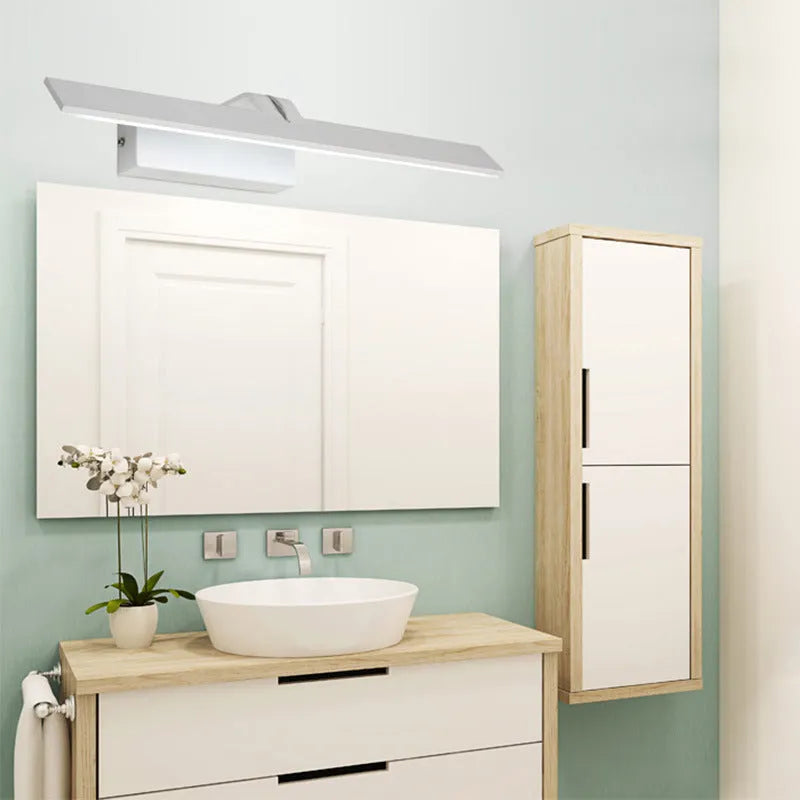 White LED bathroom mirror headlight bar mounted above a mirror, showing slim 175mm profile and even illumination.