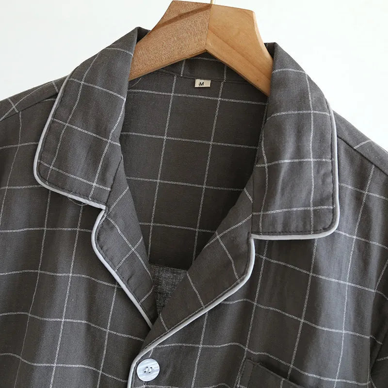 Men's cotton single-line plaid short-sleeved pajama suit with full trousers, gray colour, on plain background
