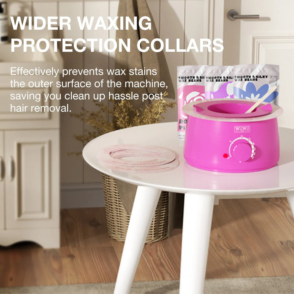 Professional waxing kit with wax warmer, five jars of hard wax beans, applicator sticks, and post-care products.