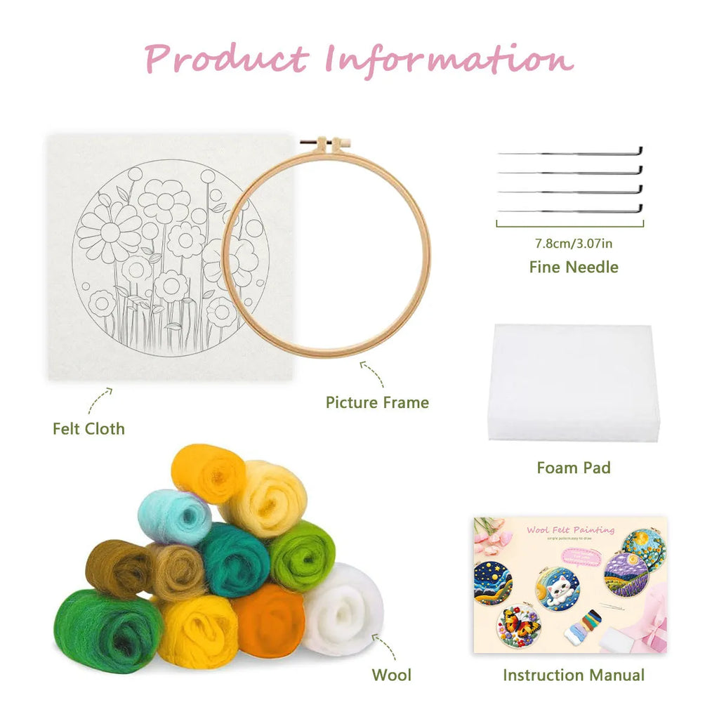 Round linen embroidery frame with wool felt floral decoration kit for three-dimensional wall art