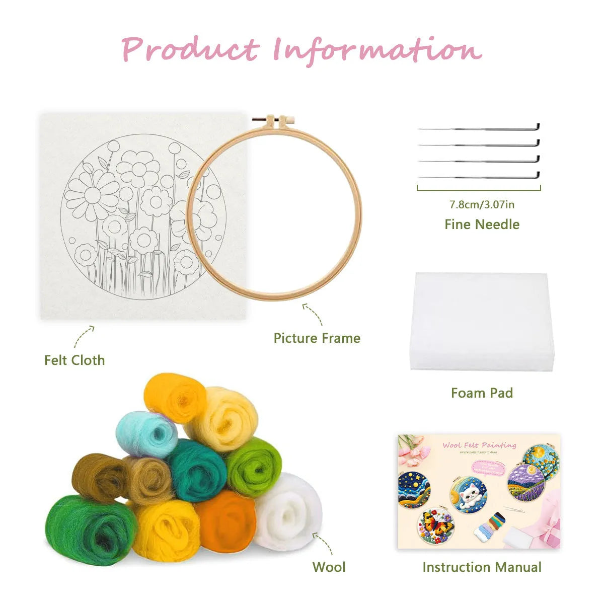 Round linen embroidery frame with wool felt floral decoration kit for three-dimensional wall art