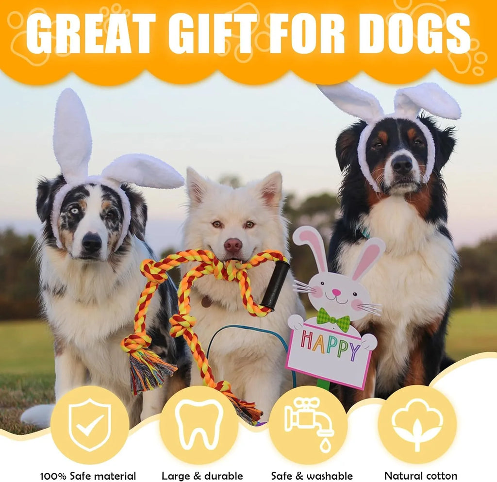 Blue and yellow cotton rope dog tug toy with a handle, shown next to a large breed dog.