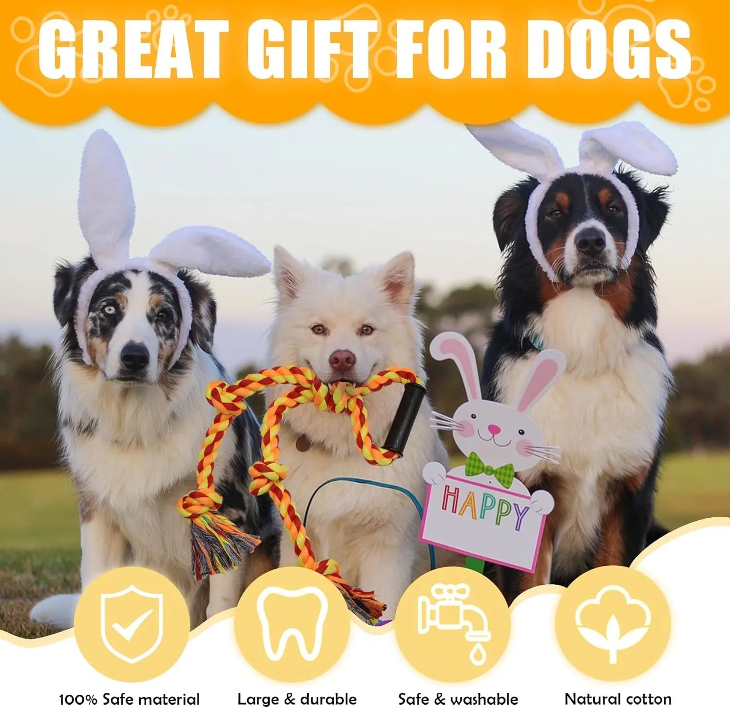 Blue and yellow cotton rope dog tug toy with a handle, shown next to a large breed dog.