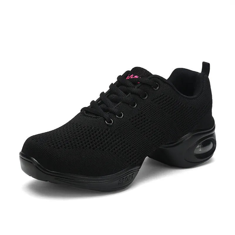 Women's breathable Flyknit mesh dance shoes in multiple colours with a soft PU sole.