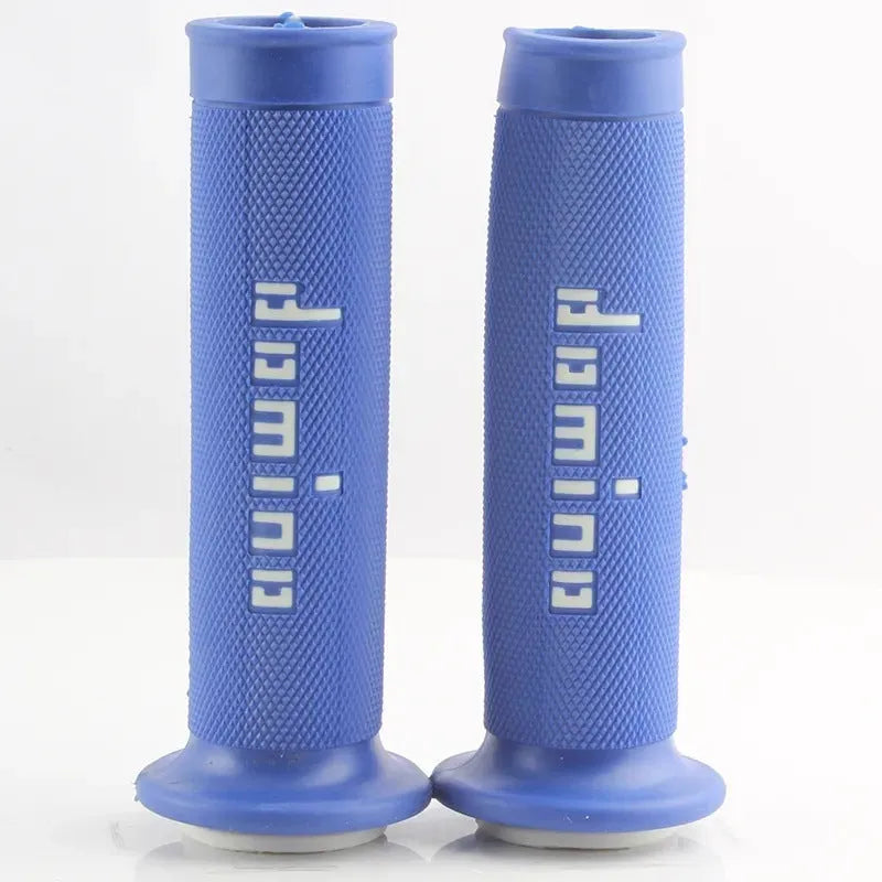 Pair of motorcycle handle grips in assorted colours, showing non-slip rubber texture and scale.
