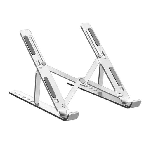 Silver aluminium alloy folding laptop stand holding a laptop, shown alongside its black cloth storage bag.