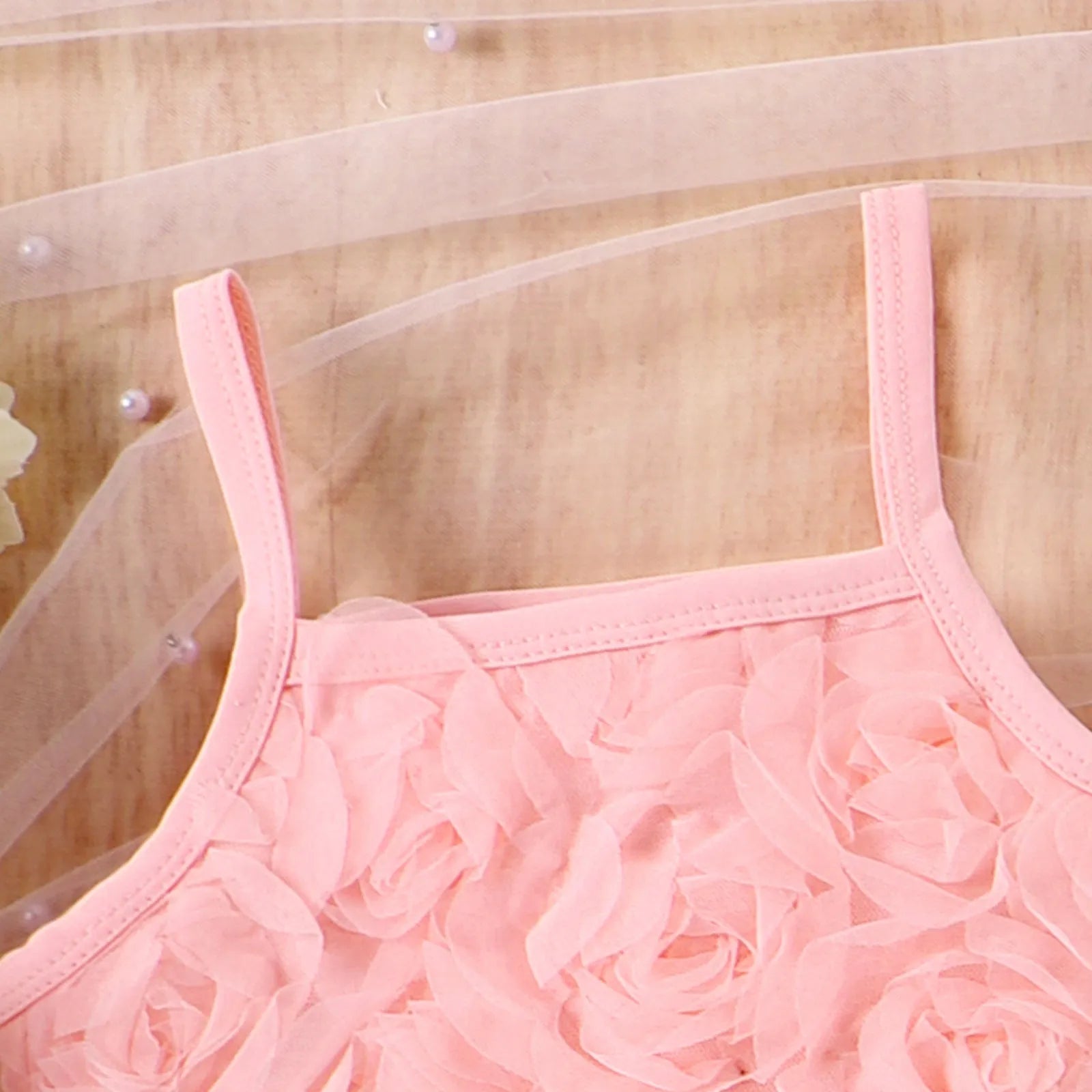 Pink floral strappy bow mesh cotton skirt suit set for baby girls with top and skirt