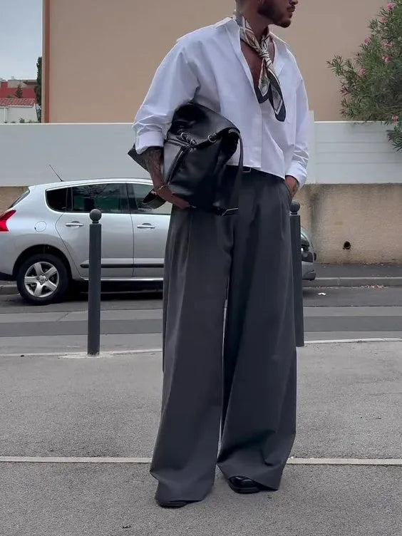 Men's grey high waist wide leg pants, regular fit, full-length, polyester, plain design