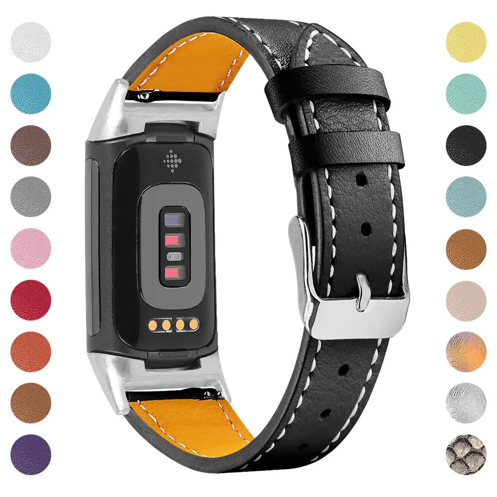 Genuine leather replacement watch strap for Fitbit Charge 5 and Charge 6 smartwatches.