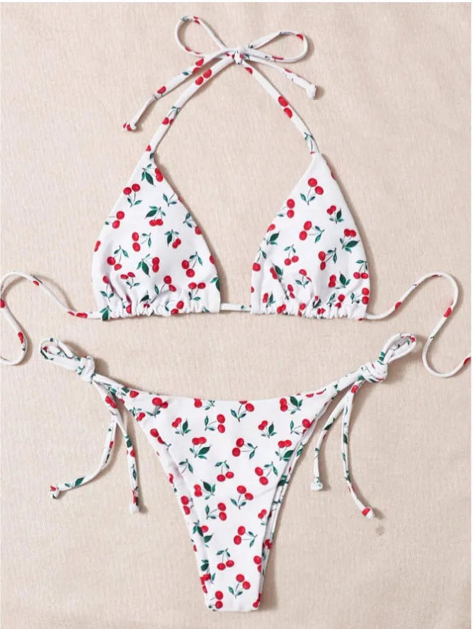 Women's split halter bikini swimsuit in solid colour with backless design and briefs style