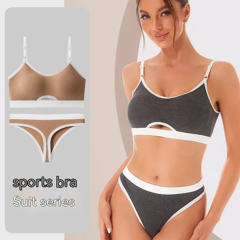 Seamless contrast back sports bra top set with moulded cup in black, grey, khaki, green, or white.