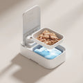 White automatic pet feeder with timer display and removable ice crystal cooling box underneath.
