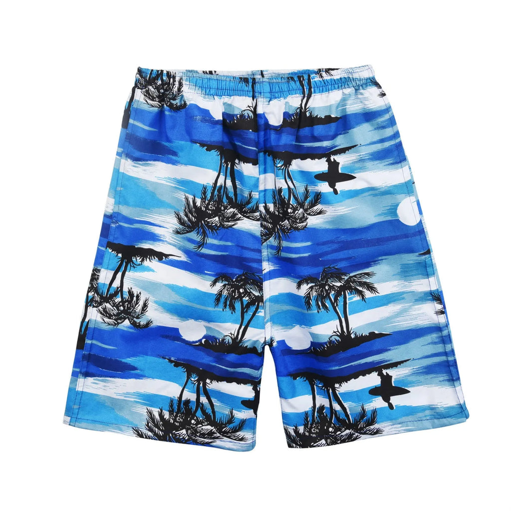 Men's floral print swimming trunks showing five-point design and polyester fabric