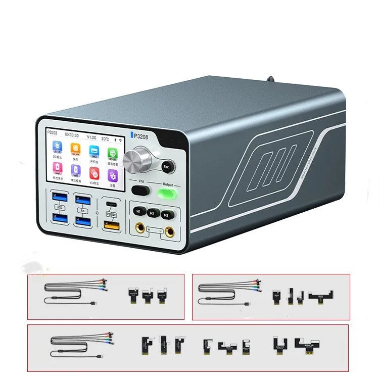 Front view of the 320W intelligent power supply meter with its 3-inch colour display and aluminium casing.