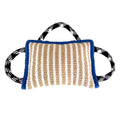 Dog tug of war toy with blue jute bite pillow and three rope handles on a wooden floor.