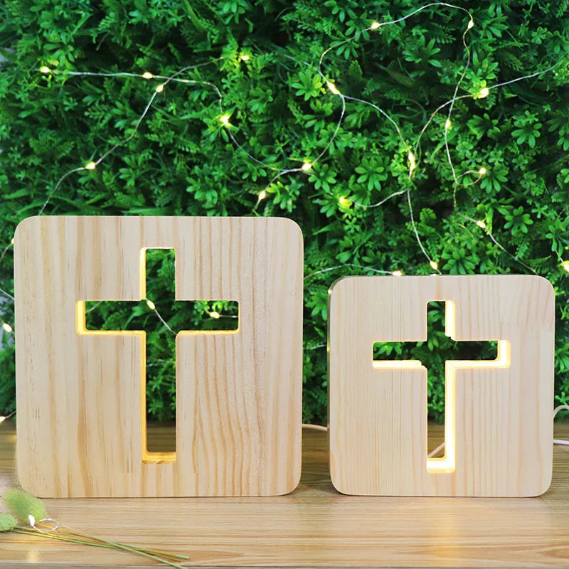 Solid wood hollow night lamp with warm white LED illumination and square wooden frame