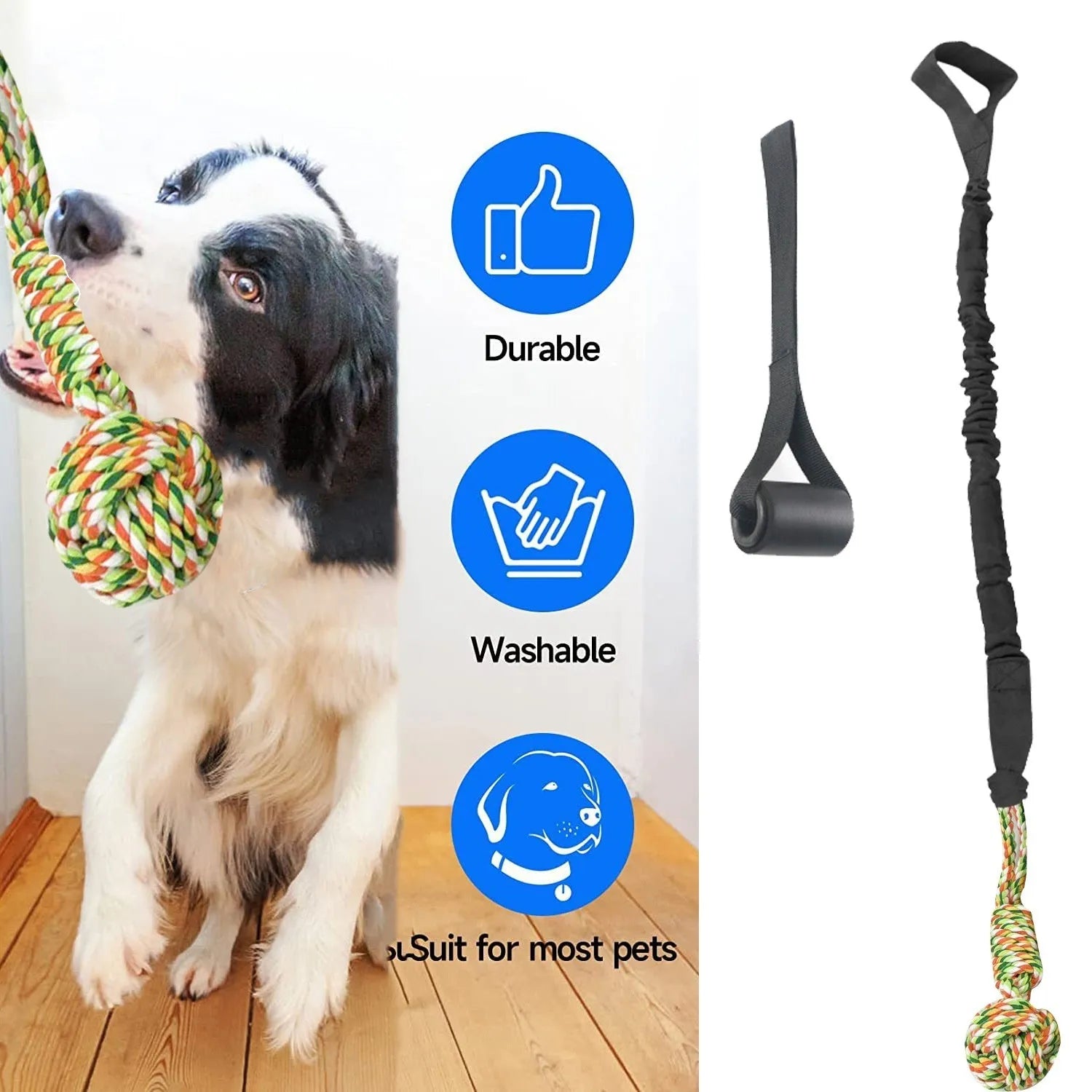 Woven cotton dog tug-of-war rope toy shown in grey, suitable for interactive play.