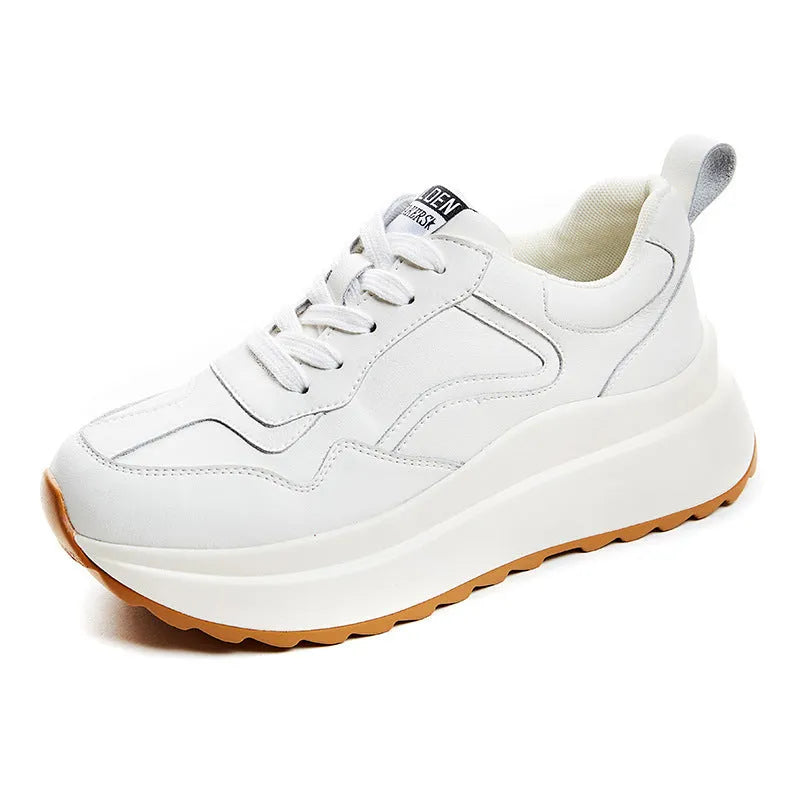 Women's white low-top leather casual shoes with cross strap and English muffin heel