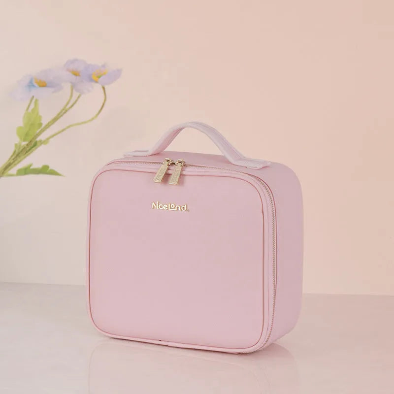Large capacity cosmetics storage bag with full screen mirror and LED lamp ring, 26x23x11cm, polyurethane leather, USB powered